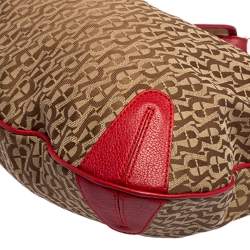 Pre Owned Aigner Red/Beige Signature Canvas and Leather Logo Buckle Flap Hobo