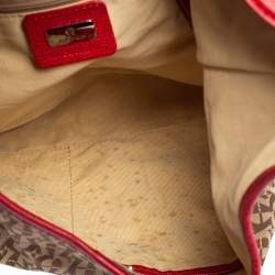 Pre Owned Aigner Red/Beige Signature Canvas and Leather Logo Buckle Flap Hobo