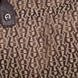 Pre Owned Aigner Dark Brown/Beige Signature Canvas and Leather Hobo