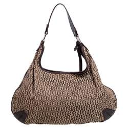 Pre Owned Aigner Dark Brown/Beige Signature Canvas and Leather Hobo