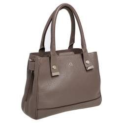 Pre Owned Aigner Dark Beige Leather Middle Zip Tote