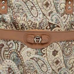 Pre Owned Aigner Beige Printed Canvas And Leather Zip Tote