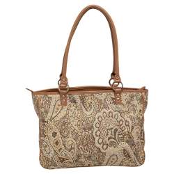 Pre Owned Aigner Beige Printed Canvas And Leather Zip Tote