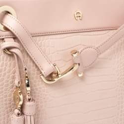 Pre Owned Aigner Pale Pink Crocodile Embossed Leather Cavallina Tote