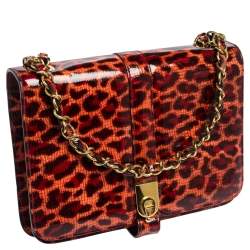 Pre Owned Aigner Red/Peach Leopard Print Patent Leather Flap Chain Shoulder Bag