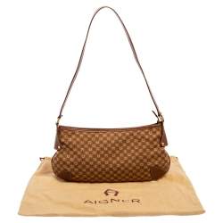 Pre Owned Aigner Brown Signature Canvas and Leather Baguette Shoulder Bag