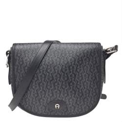 Aigner Grey/Black Signature Coated Canvas And Leather Flap Messenger Bag