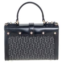 Pre Owned Aigner Black/Grey Signature Coated Canvas and Leather Small Fiorentina Top Handle Bag