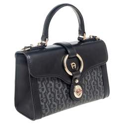 Pre Owned Aigner Black/Grey Signature Coated Canvas and Leather Small Fiorentina Top Handle Bag