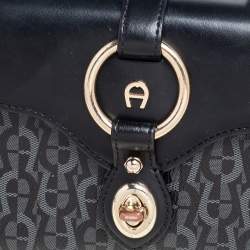 Pre Owned Aigner Black/Grey Signature Coated Canvas and Leather Small Fiorentina Top Handle Bag