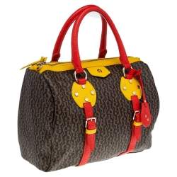 Pre Owned Aigner Brown/Beige Monogram Canvas And Multicolor Leather Boston Bag