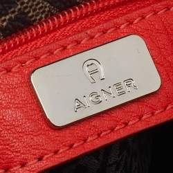 Pre Owned Aigner Brown/Beige Monogram Canvas And Multicolor Leather Boston Bag
