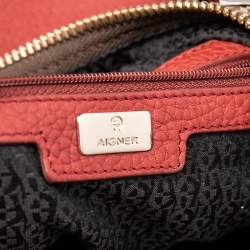 Pre Owned Aigner Beige/Red Signature Canvas and Leather Top Zip Hobo