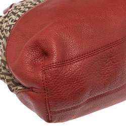 Pre Owned Aigner Beige/Red Signature Canvas and Leather Top Zip Hobo