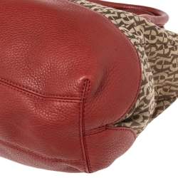 Pre Owned Aigner Beige/Red Signature Canvas and Leather Top Zip Hobo