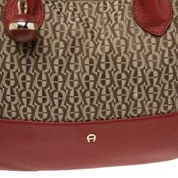 Pre Owned Aigner Beige/Red Signature Canvas and Leather Top Zip Hobo