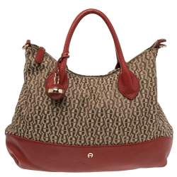 Pre Owned Aigner Beige/Red Signature Canvas and Leather Top Zip Hobo