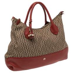 Pre Owned Aigner Beige/Red Signature Canvas and Leather Top Zip Hobo