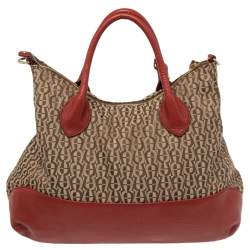 Pre Owned Aigner Beige/Red Signature Canvas and Leather Top Zip Hobo