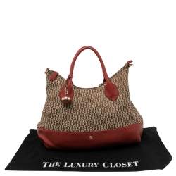 Pre Owned Aigner Beige/Red Signature Canvas and Leather Top Zip Hobo