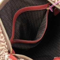 Pre Owned Aigner Beige/Red Signature Canvas and Leather Top Zip Hobo