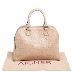 Pre Owned Aigner Beige Ostrich Embossed Leather Double Zip Satchel