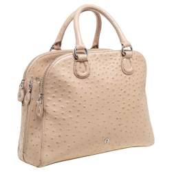 Pre Owned Aigner Beige Ostrich Embossed Leather Double Zip Satchel