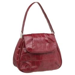 Pre Owned Aigner Burgundy Croc Embossed Leather Flap Shoulder Bag