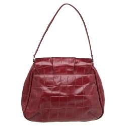 Pre Owned Aigner Burgundy Croc Embossed Leather Flap Shoulder Bag