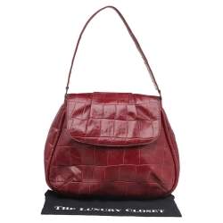 Pre Owned Aigner Burgundy Croc Embossed Leather Flap Shoulder Bag