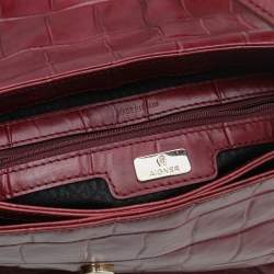 Pre Owned Aigner Burgundy Croc Embossed Leather Flap Shoulder Bag