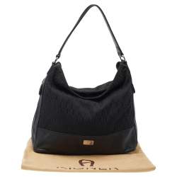 Pre Owned Aigner Black Signature Canvas and Leather Shoulder Bag