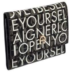 Pre Owned Aigner White/Black Signature Coated Canvas Compact Wallet