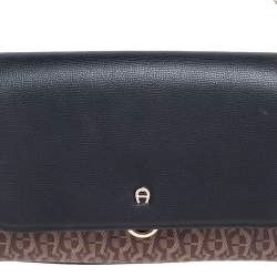 Pre Owned Aigner Black/Brown Signature Coated Canvas and Leather Grazia Shoulder Bag