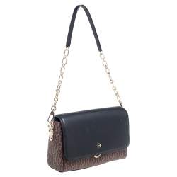 Pre Owned Aigner Black/Brown Signature Coated Canvas and Leather Grazia Shoulder Bag