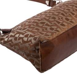 Pre Owned Aigner Monogram Silver/Brown Signature Fabric and Leather Shoulder Bag