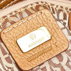 Pre Owned Aigner Beige/Gold Signature Fabric and Leather Hobo