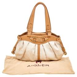 Pre Owned Aigner Beige/Gold Signature Fabric and Leather Hobo
