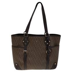 Pre Owned Aigner Dark Brown/Beige Signature Coated Canvas And Leather Tote