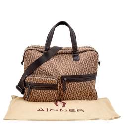 Pre Owned Aigner Dark Brown/Beige Signature Canvas And Leather Laptop Bag