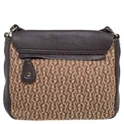 Pre Owned Aigner Beige/Brown Signature Canvas and Leather Flap Shoulder Bag