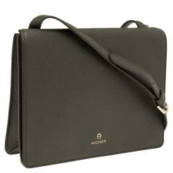 Pre Owned Aigner Olive Green Leather Flap Crossbody Bag
