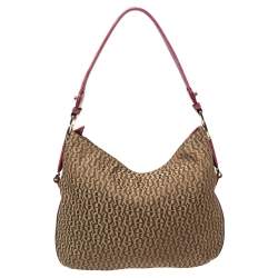 Pre Owned Aigner Fuchsia/Beige Signature Canvas and Textured Leather Zip Hobo