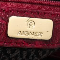 Pre Owned Aigner Fuchsia/Beige Signature Canvas and Textured Leather Zip Hobo