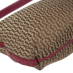 Pre Owned Aigner Fuchsia/Beige Signature Canvas and Textured Leather Zip Hobo