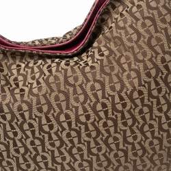 Pre Owned Aigner Fuchsia/Beige Signature Canvas and Textured Leather Zip Hobo