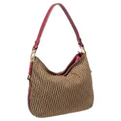 Pre Owned Aigner Fuchsia/Beige Signature Canvas and Textured Leather Zip Hobo