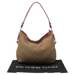 Pre Owned Aigner Fuchsia/Beige Signature Canvas and Textured Leather Zip Hobo