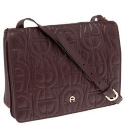 Pre Owned Aigner Burgundy Logo Embossed Leather Flap Crossbody Bag