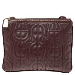 Pre Owned Aigner Burgundy Logo Embossed Leather Flap Crossbody Bag